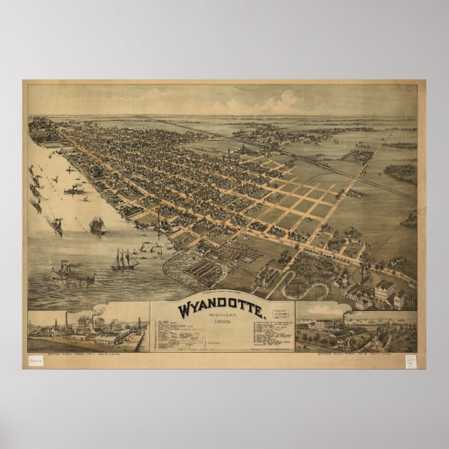 Wyandotte Michigan 1896 Antique Panoramic Karta Poster (Framsidan)