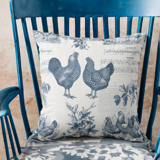 Wyandottes Höna och Tupp Blå Toile Kudde