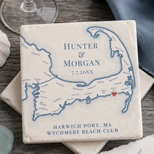 Wychmere Beach Club Bröllopsgåva Cape Cod Karta Stenunderlägg (Wychmere Beach Club Wedding Stone Coaster Cape Cod Map Wedding Favor by Coastal Map Designs)