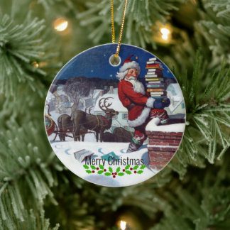 Wyeth - Tomte som levererar böcker till jul. Julgransprydnad Keramik
