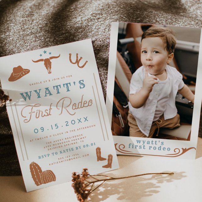 WYNONA Burnt Orange Blue Cowboy 1:a Rodeo Birthday Inbjudningar (Skapare uppladdad)