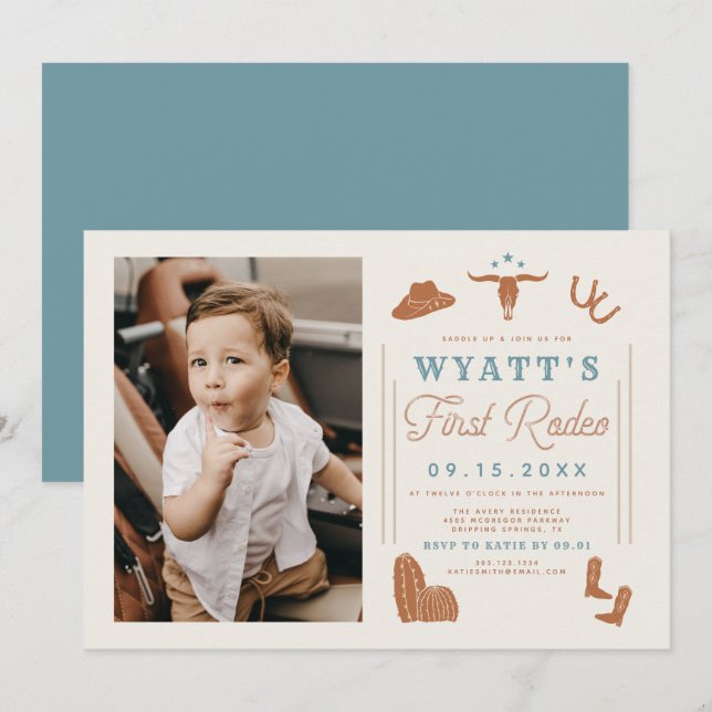 WYNONA Burnt Orange Blue Cowboy 1:a Rodeo Birthday Inbjudningar (Fram/baksida)