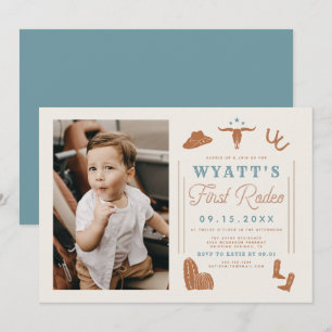 WYNONA Burnt Orange Blue Cowboy 1:a Rodeo Birthday Inbjudningar