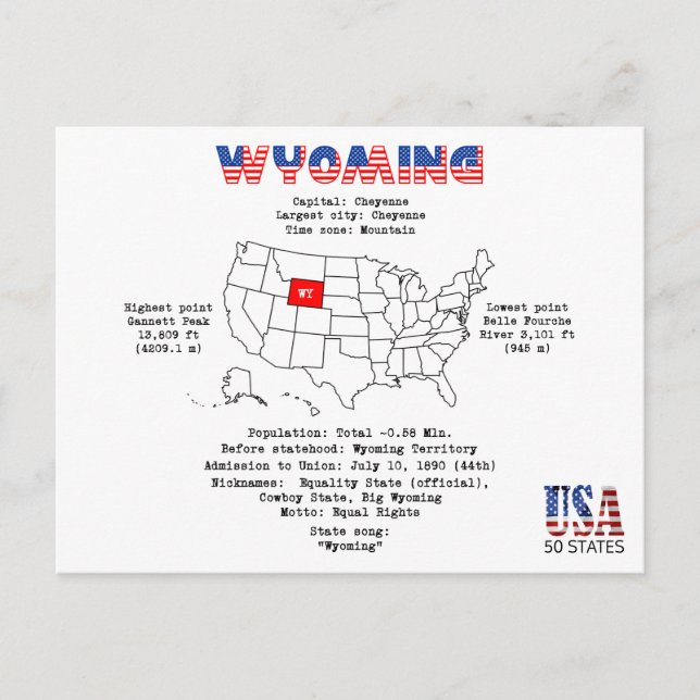Wyoming amerikan som är statlig på en karta och helg vykort (Framsida)
