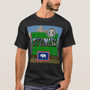 Wyoming Bild & Text, Karta, Flagga och statsförseg Tee