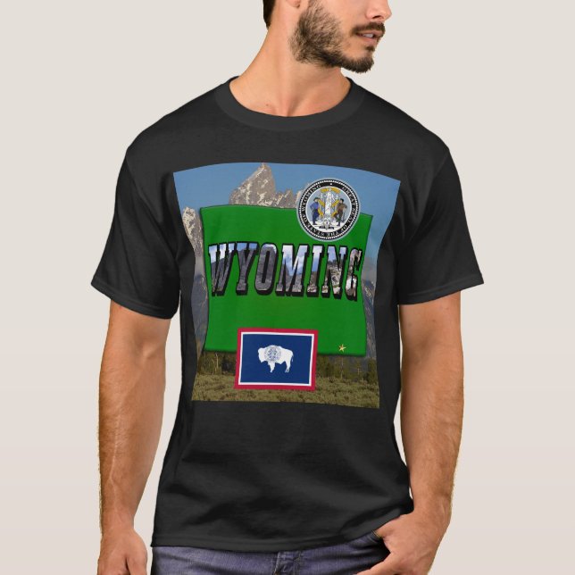 Wyoming Bild & Text, Karta, Flagga och statsförseg Tee (Framsida)