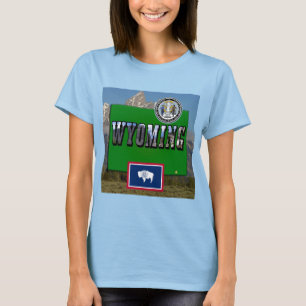 Wyoming Bild & Text, Karta, Flagga och statsförseg Tee