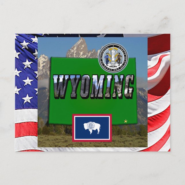 Wyoming Bild & Text, Karta, Flagga & Statssigill Vykort (Framsida)