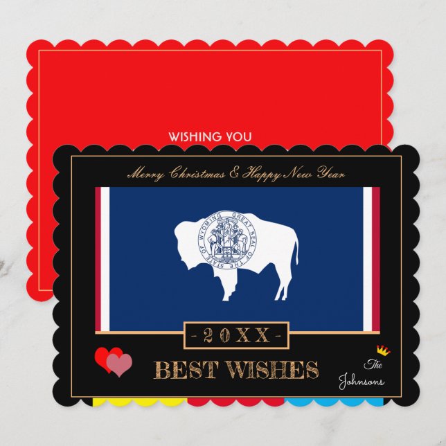 Wyoming Flagga & Gott nytt år /Best Önskemål USA Julkort (Fram/baksida)