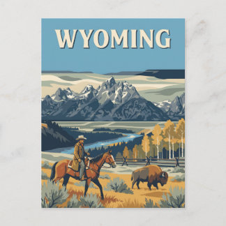 Wyoming Mountain Cowboy Bison Vintage Affisch Vykort