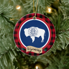 Wyoming, Red buffalo plaid & Wyoming Flagga, USA Julgransprydnad Keramik