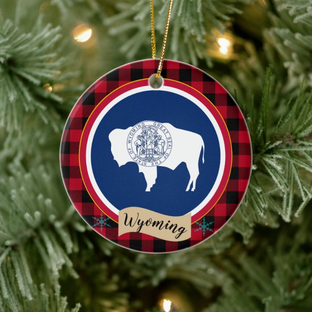Wyoming, Red buffalo plaid & Wyoming Flagga, USA Julgransprydnad Keramik (Träd)