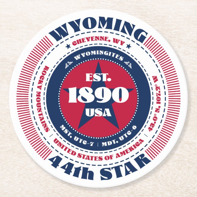 Wyoming Rött vitt blått Typography Underlägg Papper Rund (Framsidan)