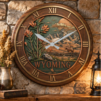 Wyoming State Map 3D Relief Wood Stor Klocka