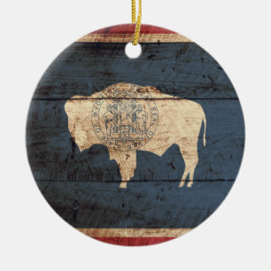 Wyoming Statlig flagga på Old Wood Grain Julgransprydnad Keramik