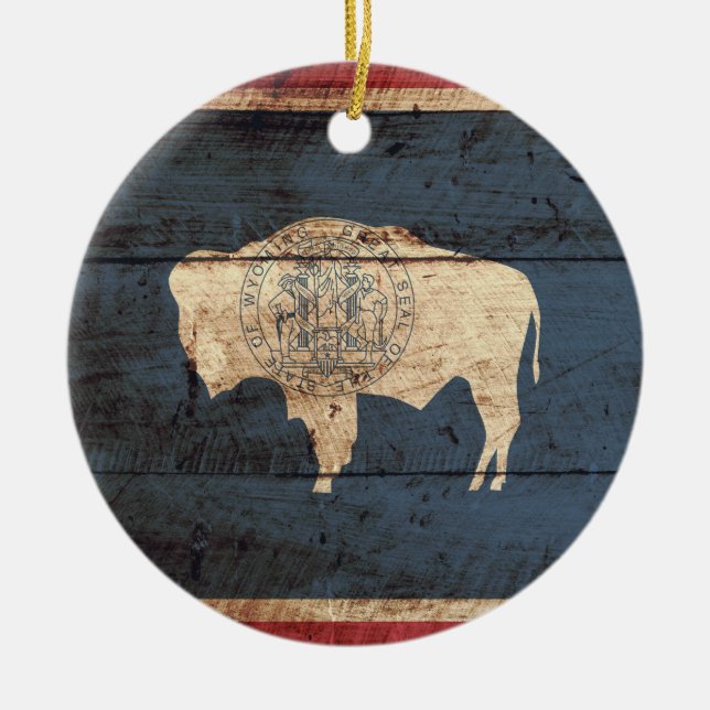 Wyoming Statlig flagga på Old Wood Grain Julgransprydnad Keramik (Framsidan)