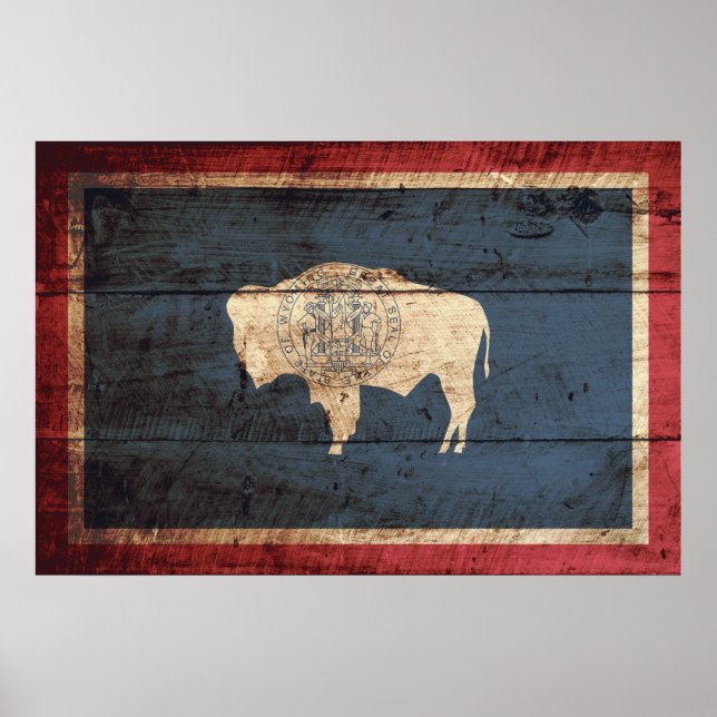 Wyoming Statlig flagga på Old Wood Grain Poster (Framsidan)