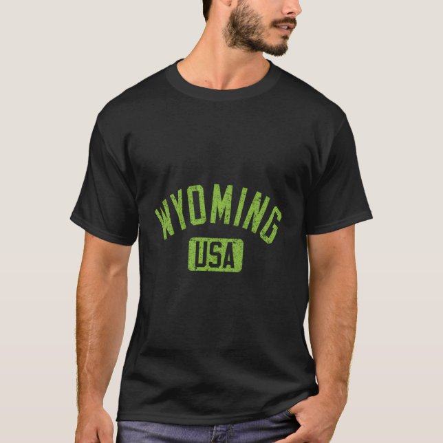 Wyoming Usa Arched Text Distress Lime Green Prin T Shirt (Framsida)