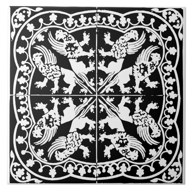 Wyvern Griffin Beast Medieval Black White Antique Kakelplatta (Framsidan)