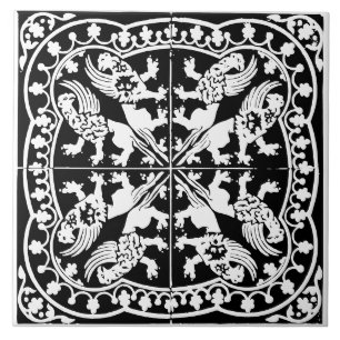 Wyvern Griffin Odjur Medeltida Svart Vitt Antik Kakelplatta