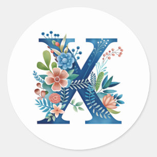 X, blå monogram med blommor, AI-genererade, Runt Klistermärke