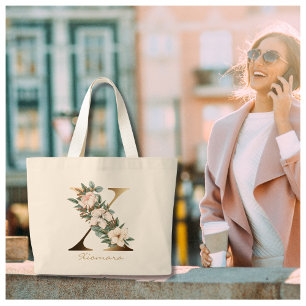 X Brev Guld Monogram White Orange Blommigt Jumbo Tygkasse