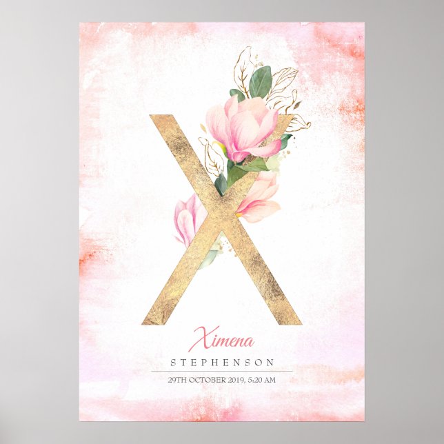 X Brev Monogram Guld Löv Rosa Magnolia Blommigt Poster (Framsidan)