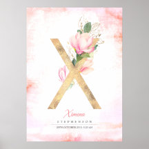 X Brev Monogram Guld Löv Rosa Magnolia Blommigt