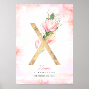 X Brev Monogram Guld Löv Rosa Magnolia Blommigt Poster