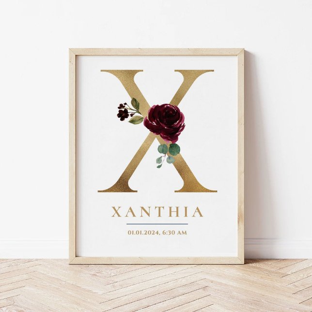 X Brev Monogram Namn Marsala Blommigt Nursery Poster (Skapare uppladdad)