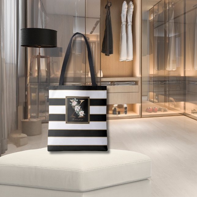 X Guld Blommig Monogram | Svart Vitt Guld Ränder Tygkasse (Skapare uppladdad)