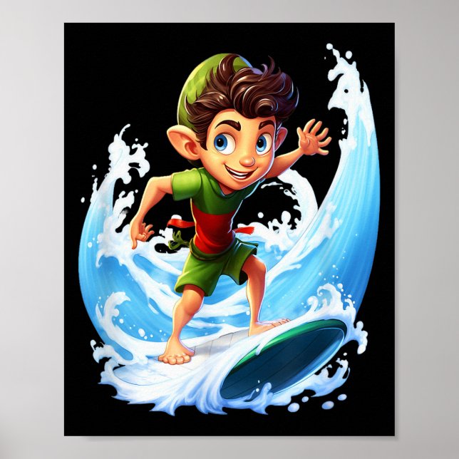 X-mas Christmas Elf Riding Surfboard Surfboard  Poster (Framsidan)