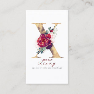 X Monogram Burgundy Red Flowers och Guld Glitter Visitkort