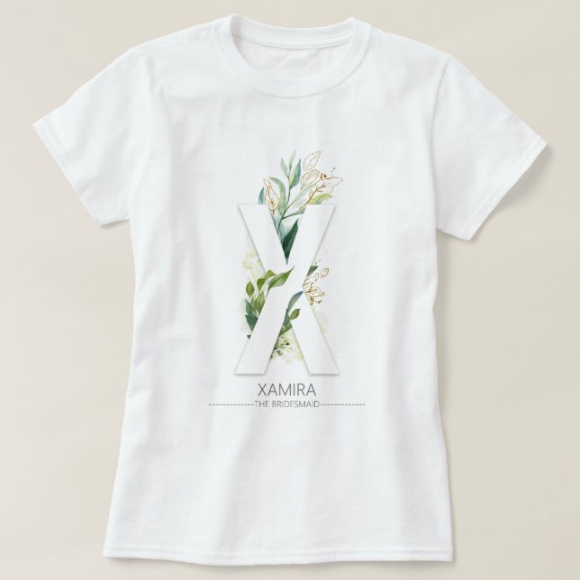 X Monogram Guld Greenery Löv Elegant T Shirt (Design framsida)