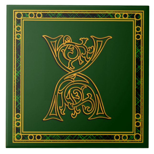 X Monogram "Irish Guld on Grönt" keramiskt plattor Kakelplatta (Framsidan)