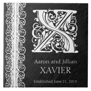 X Monogram "White Snöre on Black" Bröllop Tile Kakelplatta