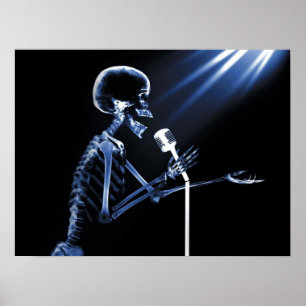 X-RAY SKELETON SINGING PÅ RETRO MIC - BLUE POSTER