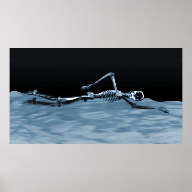 X-Ray Skeleton Swimming i Sjö Neg Blue Poster (Framsidan)