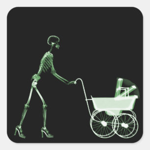 X-RAY SKELETON WOMAN & BABY CARRIAGE - GRÖNT FYRKANTIGT KLISTERMÄRKE