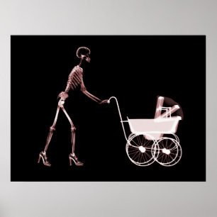 X-RAY SKELETON WOMAN & BABY CARRIAGE - RED POSTER
