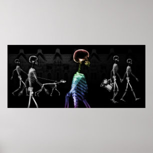 X-Ray Skeletons Midnight Stroll - B&W & Rainbow Poster