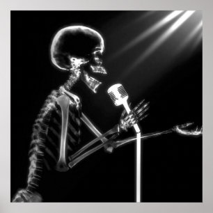 X-RAY VISION SKELETON SINGING PÅ RETRO MIC - B&W POSTER