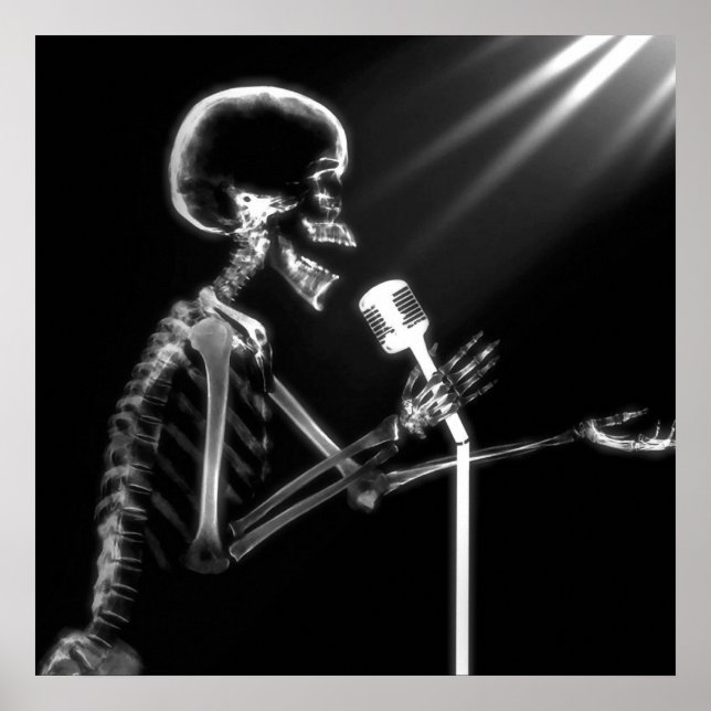X-RAY VISION SKELETON SINGING PÅ RETRO MIC - B&W POSTER (Framsidan)