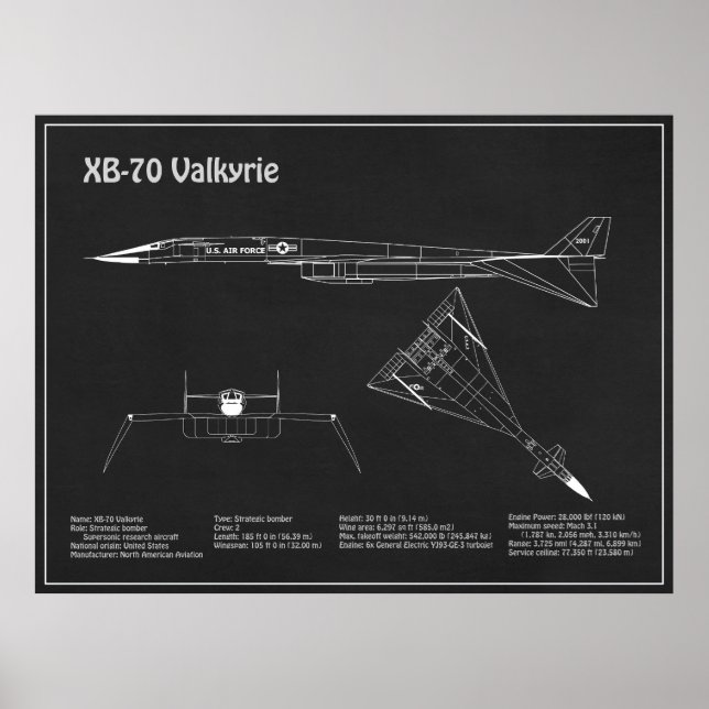 XB-70 Valkyrie - Flygplanets plan för blå text PD Poster (Framsidan)