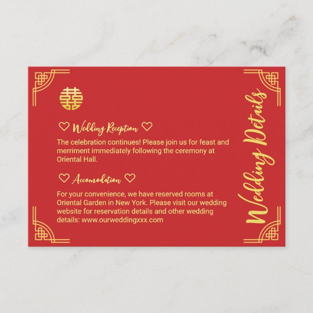 Xi-uppgifter för kinesiska bröllop golden ram dubb tilläggskort (Framsida)