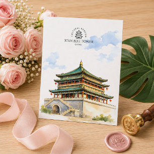 Xi'an klocktorn Kina, akvarell resminne Vykort