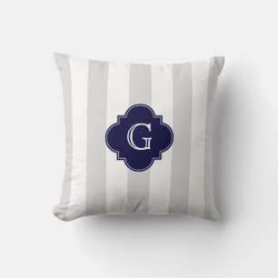 XL Lt Grå Vita Ränder Marinblå Quatrefoil Monogram Kudde