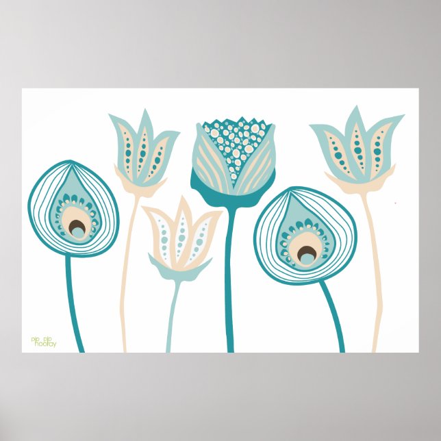 XL Turquise Aqua Vintage Funky Flower Art Poster (Framsidan)