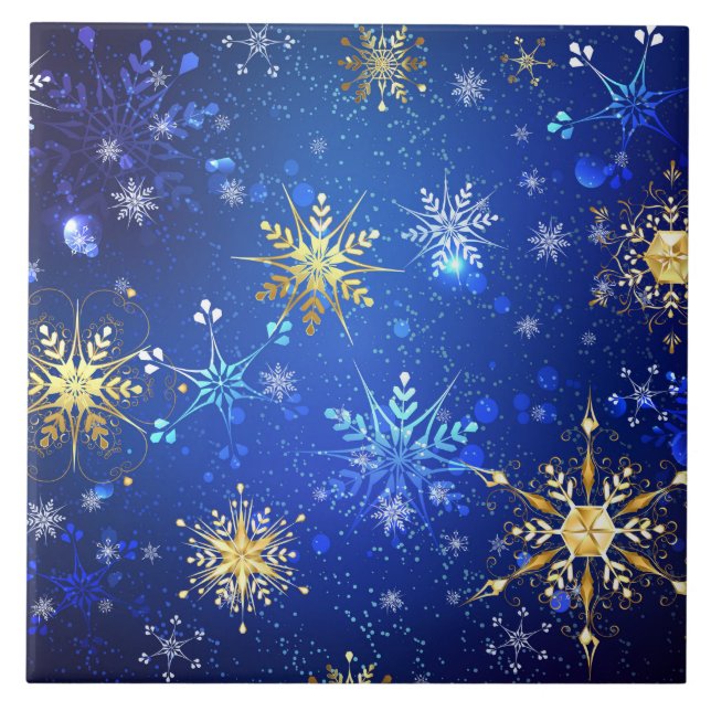 XMAS Blue Background with Golden Snowflakes Kakelplatta (Framsidan)