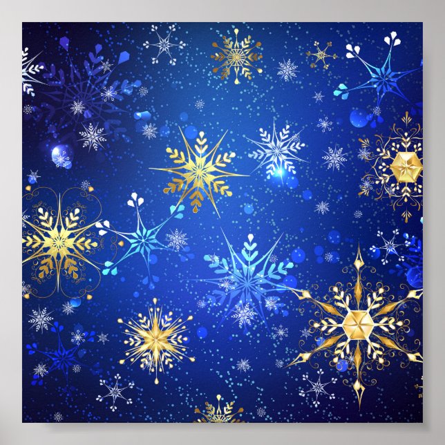 XMAS Blue Background with Golden Snowflakes Poster (Framsidan)